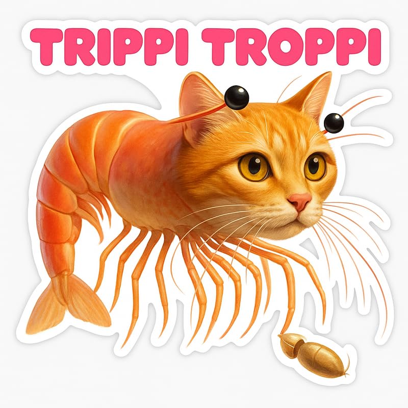 Vinyl sticker: Waterproof Trippi Troppi Sticker for Laptop Wall Car Window Bumper Decal Truck Auto Water Bottle – Cat-Shrimp Fusion with Top Banner Only 4in