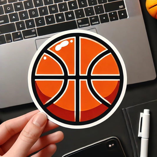 Vinyl sticker: Basketball Decal Sticker for Laptop, Wall, Car, Window, Bumper, Truck, Waterproof Auto, and Water Bottle - Simple Bold Orange Basketball on Black Background
