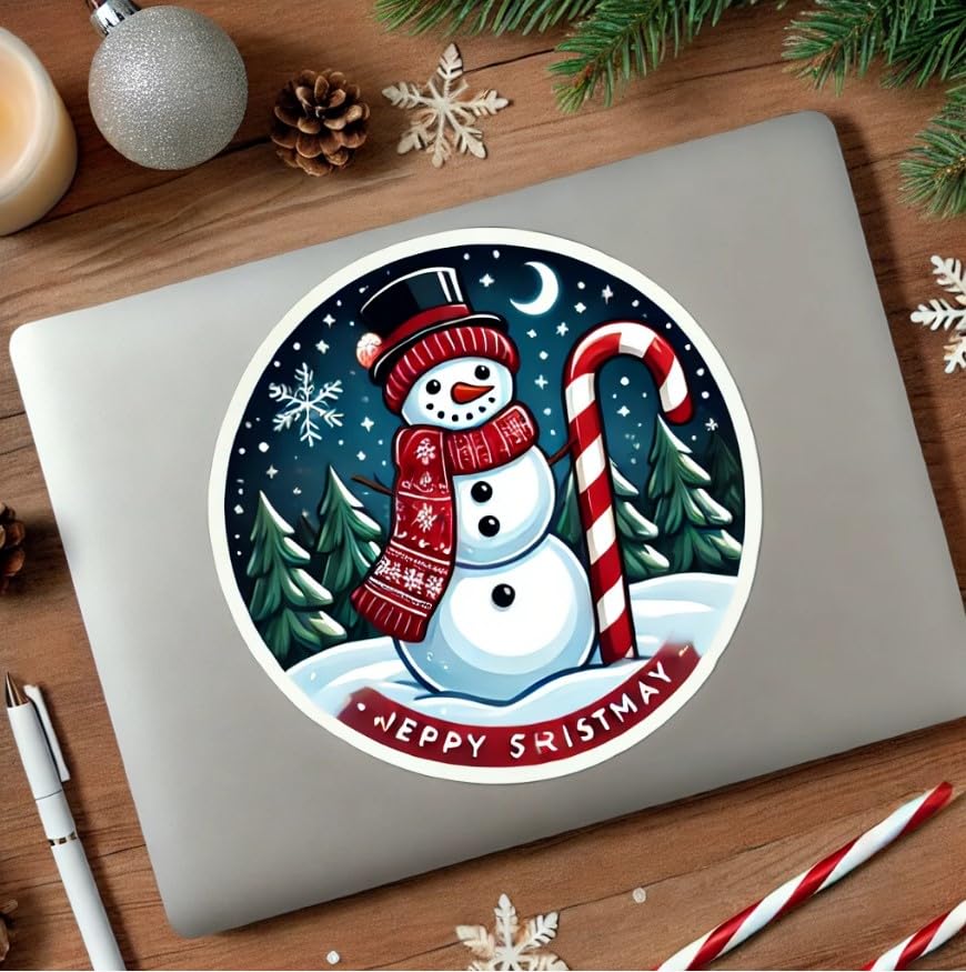 Vinyl sticker: Snowman Red Scarf Candy Cane Sticker for Laptop, Car, Wall, Window, and Water Bottle | Christmas Vinyl Decal