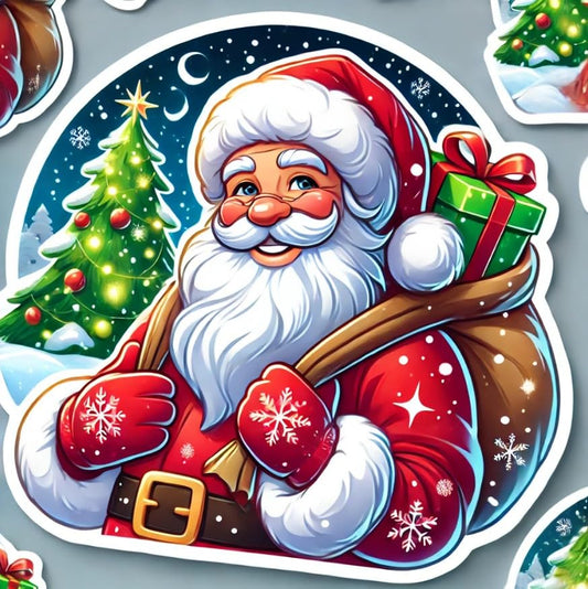 Vinyl sticker: Santa Claus with Gift Sack Christmas Sticker for Laptop, Wall, Car Window, Bumper, Truck, Waterproof Holiday Decal for Water Bottles, Auto Décor