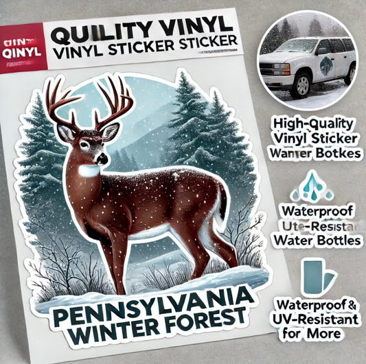 Vinyl sticker: Snowy Hillside Winter Forest White-Tailed Deer Vinyl Sticker for Laptop, Wall, Car, Window, Bumper, Decal, Truck, Waterproof, Auto, Water Bottle