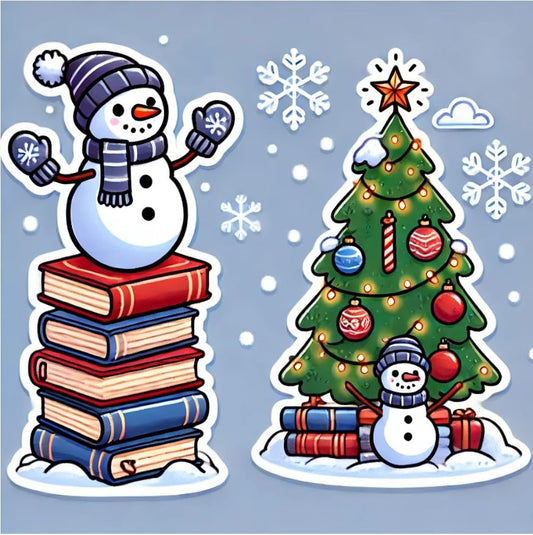 Vinyl sticker: Snowman Balancing Books Next to Christmas Tree Design