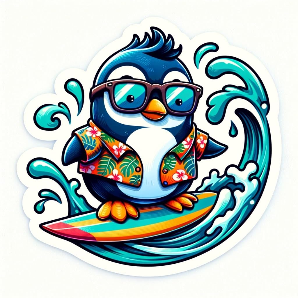 Vinyl sticker: Surfer Penguin Sticker Decal - Fun Design for Laptop, Wall, Car, Window, Bumper, Truck, Waterproof, Auto, Water Bottle