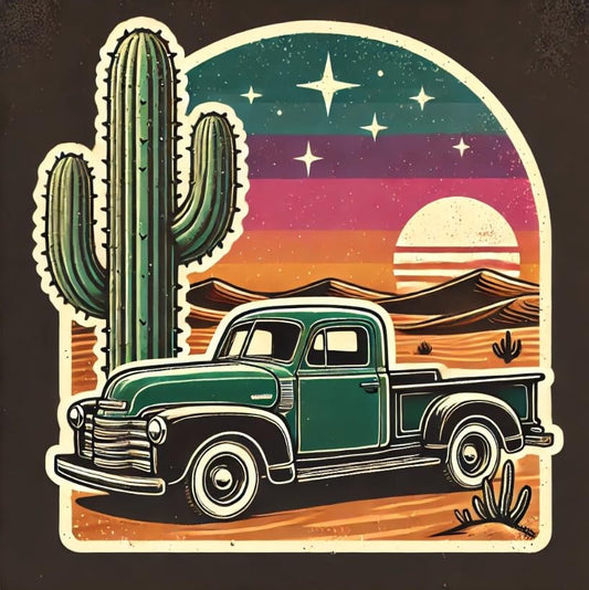 Vinyl sticker: Cactus Retro Truck Art Sticker for Laptop, Wall, Car, Window, Bumper, Waterproof Decal for Truck, Water Bottle, Auto, and Desert Decor. Variation 4 (4)