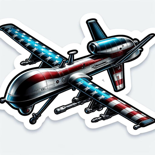 Vinyl sticker: Realistic Military Drone in Flight American Flag Decal Sticker for Car, Laptop, Wall, Window, Bumper, Truck, Waterproof Auto, Water Bottle