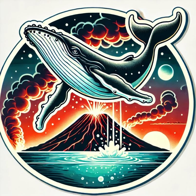 Vinyl sticker: Waterproof Car Laptop Wall Window Bumper Sticker Decal of Humpback Whale Jumping Before Glowing Volcanic Island with Fiery Tropical Sunset