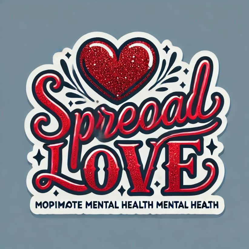 Vinyl sticker: "Spread Love" Red Glitter Heart Sticker Decal for Laptop, Wall, Car, Window, Bumper, Truck, Waterproof Auto, and Water Bottle – Motivational Mental Health Awareness Design.