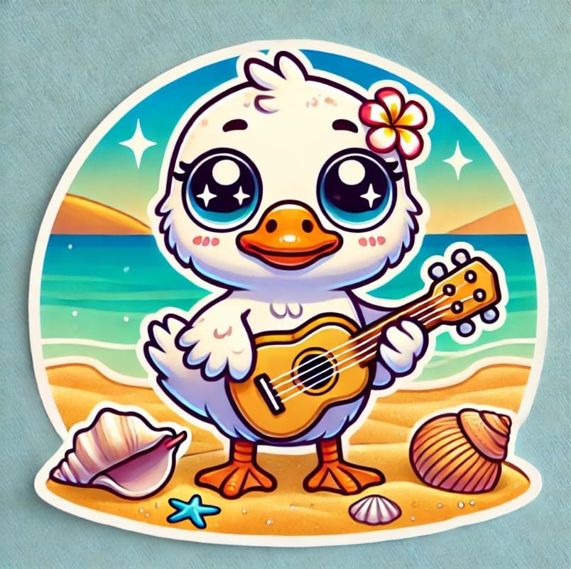 Vinyl sticker: Waterproof Car Laptop Wall Bumper Sticker Window Auto Truck Decal Water Bottle Featuring Kawaii Hawaiian Goose Nene with Ukulele on Sandy Beach and Shells