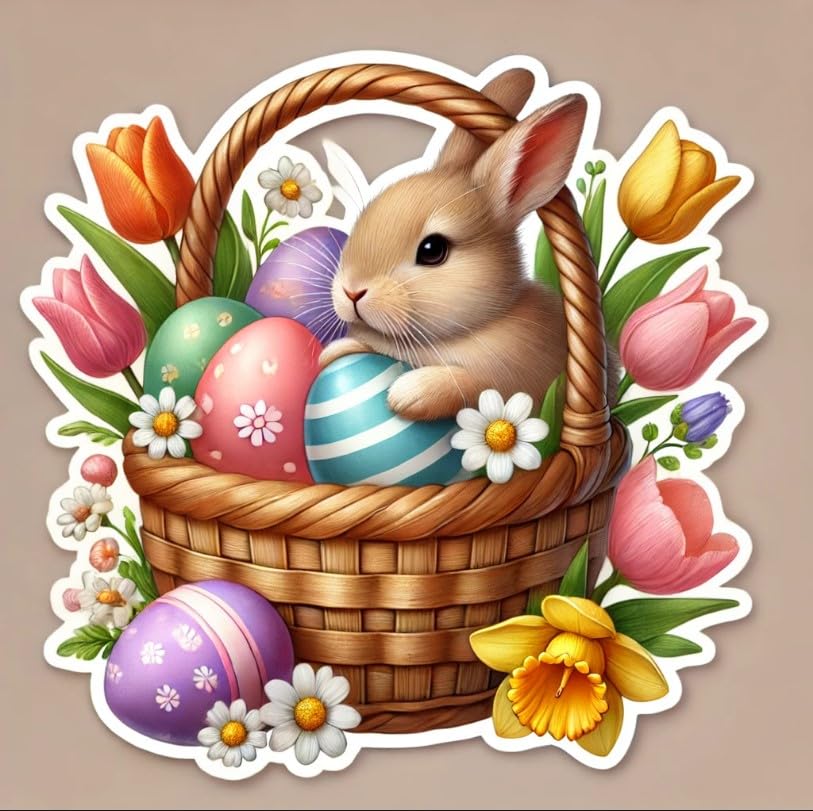 Vinyl sticker: Easter Basket with Realistic Rabbit Laptop Wall Car Window Bumper Sticker Decal Truck Waterproof Auto Water Bottle – Lifelike Bunny & Soft Pastel Easter Eggs
