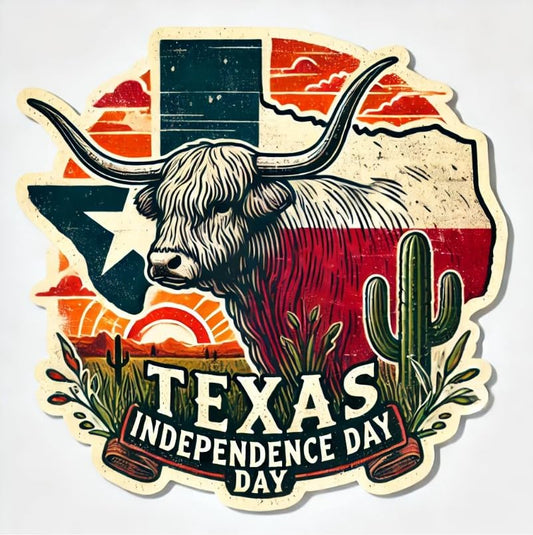 Vinyl sticker: Texas Independence Day Longhorn Sunset Laptop Wall Car Window Bumper Sticker Decal Truck Waterproof Auto Water Bottle (6)