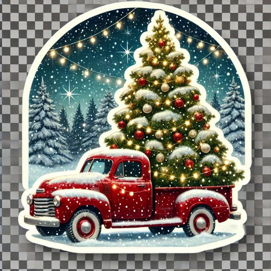 Vinyl sticker: Christmas Cozy Red Truck with Snowy Tree Laptop Wall Car Window Bumper Sticker Decal for Truck Waterproof Auto and Water Bottle