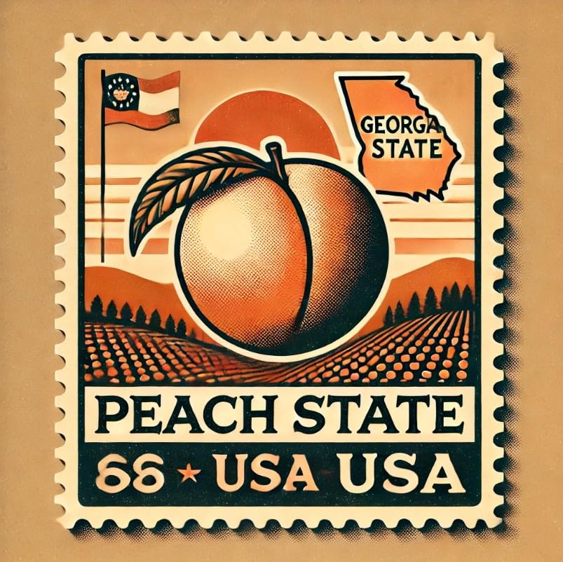 Vinyl sticker: Wall Laptop Car Window Bumper Sticker Waterproof Auto Water Bottle Decal Truck – Georgia Peach Stamp Design with Peach State USA Text and Vintage Travel Style