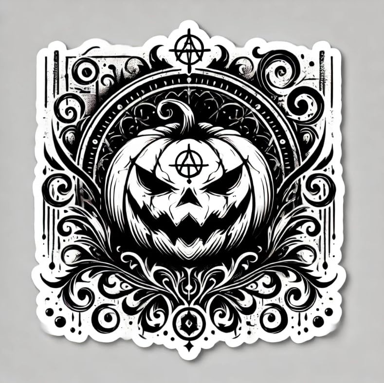 Vinyl sticker: Sinister Gothic Halloween Pumpkin Sticker for Laptop, Wall, Car, Window, Bumper, Waterproof Decal with Dark Expression, Gothic Patterns, and Swirling Vines