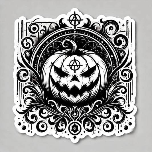 Vinyl sticker: Sinister Gothic Halloween Pumpkin Sticker for Laptop, Wall, Car, Window, Bumper, Waterproof Decal with Dark Expression, Gothic Patterns, and Swirling Vines