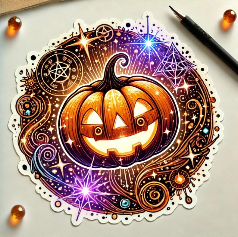 Vinyl sticker: Enchanted Smile Halloween Pumpkin Sticker for Laptop, Wall, Car, Window, Bumper, Waterproof Decal with Magical Energy, Sparkling Stars, and White Background