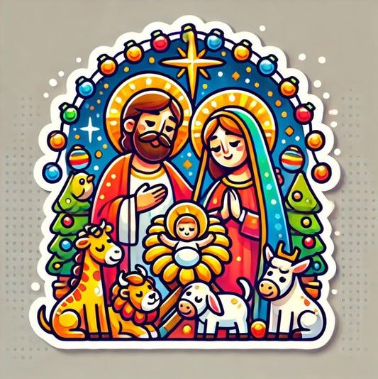 Vinyl sticker: Cartoon Nativity Scene with Cheerful Animals, Laptop and Car Decal