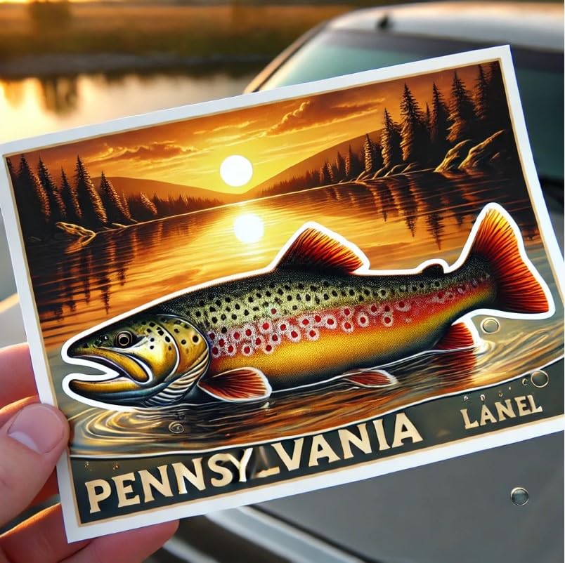 Vinyl sticker: Sunset Lake Brook Trout Vinyl Sticker for Laptop, Wall, Car, Window, Bumper, Decal, Truck, Waterproof, Auto, Water Bottle