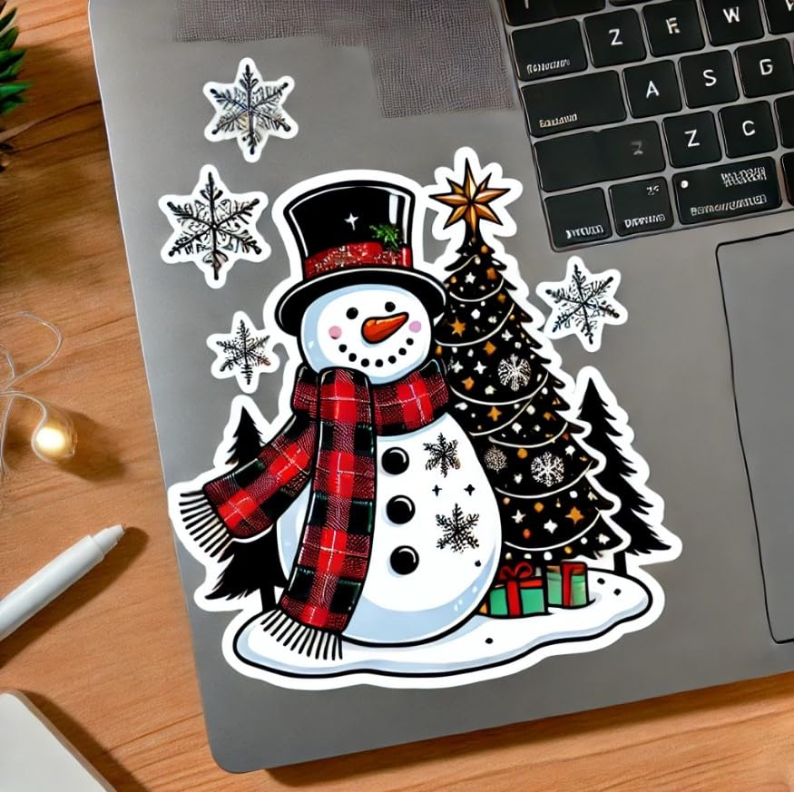 Vinyl sticker: Snowman Plaid Scarf Christmas Tree Sticker for Laptop, Car, Wall, Window, and Water Bottle