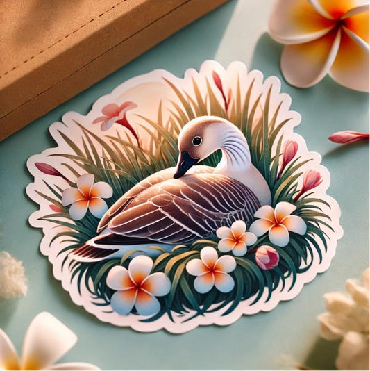 Vinyl sticker: Bumper Window Car Laptop Sticker Waterproof Wall Auto Truck Decal Water Bottle with Nesting Hawaiian Goose Nene Among Plumeria Flowers and Tropical Grass