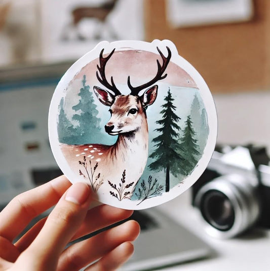 Vinyl sticker: Round Watercolor Deer Sticker - Vector Nature Illustration Decal for Laptop, Wall, Car, Window, Bumper, Truck, Waterproof Auto, Water Bottle Decor (6)