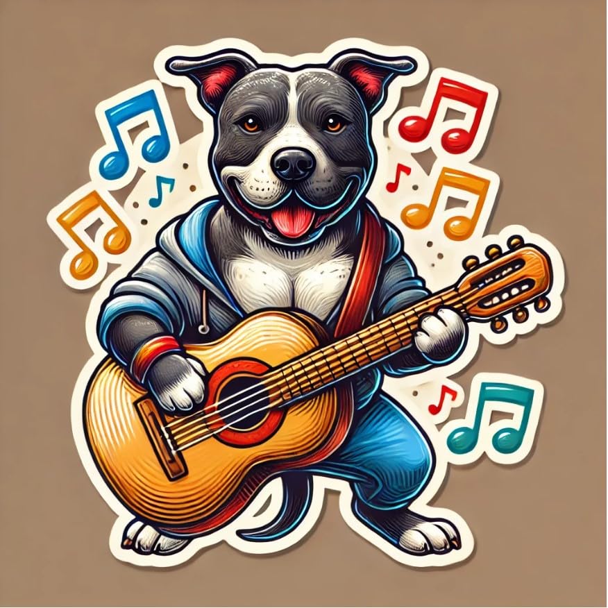 Vinyl sticker: Pitbull Playing Guitar Sticker - Fun, Friendly Design for Laptop, Wall, Car, Window, Bumper, Waterproof Decal for Auto and Water Bottle