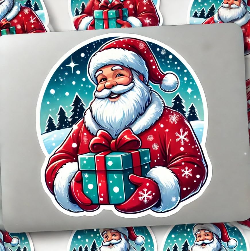Vinyl sticker: Santa Claus with Gift Christmas Sticker for Laptop, Wall, Car Window, Bumper, Waterproof Holiday Decal for Water Bottles, Auto Décor