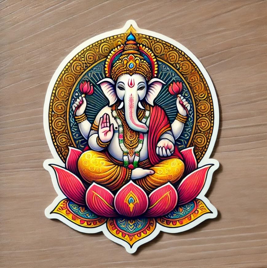 Vinyl sticker: Ganesha Blessing on Lotus Laptop, Car, Water Bottle, Window Sticker - Intricate Gold and Red Design - Good Luck and Protection Waterproof Decal for Bumpers and Auto