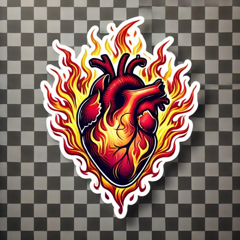 Vinyl sticker: Bright Yellow and Deep Red Burning Heart Laptop Wall Car Window Bumper Sticker Decal Waterproof Auto Water Bottle