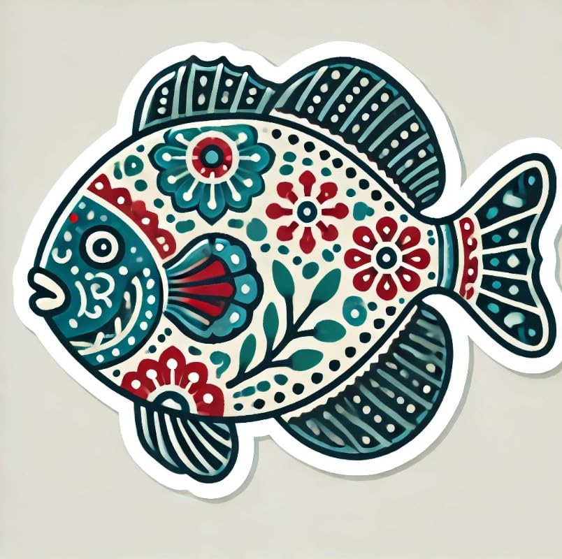 Vinyl sticker: Laptop Wall Car Window Bumper Sticker Decal Truck Waterproof Auto Water Bottle – Scandinavian Folk Art Undulated Triggerfish with Floral Pattern Design