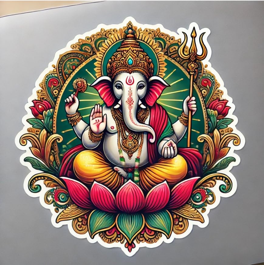 Vinyl sticker: Ganesha Blessing with Trident Laptop, Car, Water Bottle, Window Sticker - Traditional Floral Designs in Red, Green, and Gold - Strength and Protection Waterproof Decal for Bumpers and Auto