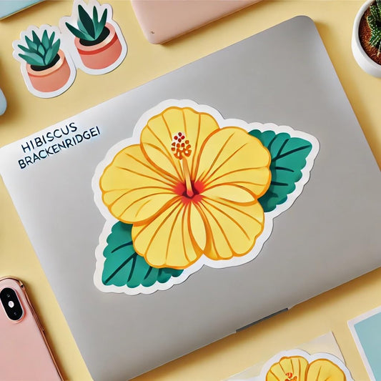 Vinyl sticker: Auto Laptop Window Wall Waterproof Bumper Sticker Decal - Minimalist Yellow Hibiscus brackenridgei Flat Design Flower with Clean Modern Aesthetic