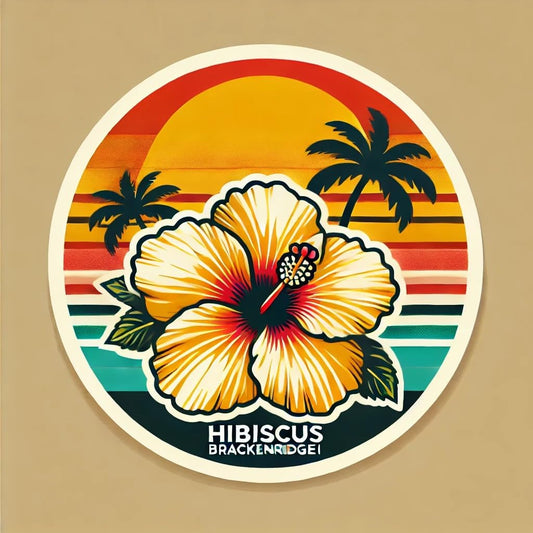Vinyl sticker: Sticker Bumper Window Laptop Car Waterproof Decal - Retro Hibiscus brackenridgei Yellow Flower with Vintage Sunset and Palm Silhouette