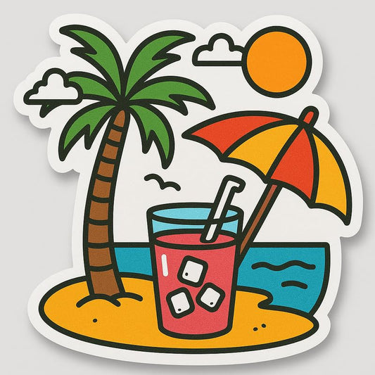 Vinyl sticker: Colorful Cartoon Beach Drink Sticker – Waterproof Vinyl Decal for Laptop, Wall, Car, Bumper, Window, Auto, Water Bottle, Truck – Palm Tree and Red-Yellow Umbrella Art – Variation 7