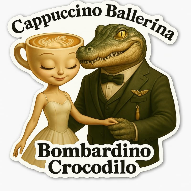 Vinyl sticker: Waterproof Cappuccino Ballerina & Bombardino Crocodilo Sticker for Laptop Wall Car Window Bumper Decal Truck Auto Water Bottle – Romantic Duo in Elegant Design 4in
