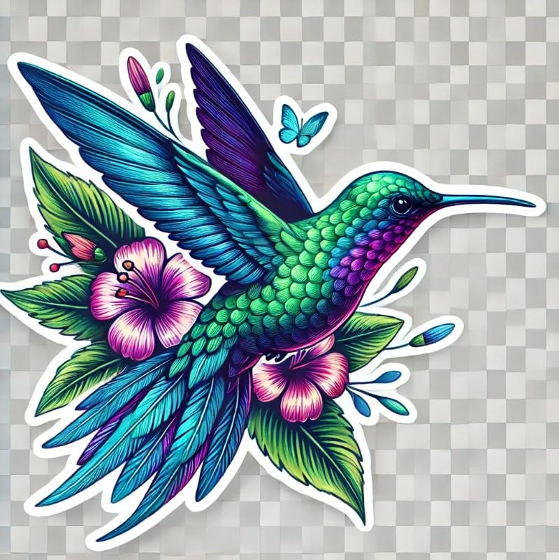 Vinyl sticker: Vibrant Hummingbird Sticker for Laptop, Wall, Car, Window, Bumper - Waterproof Decal for Auto, Truck, Water Bottle - Artistic Tropical Vinyl for Indoor and Outdoor Use