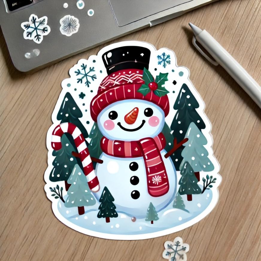 Vinyl sticker: Snowman Candy Cane Christmas Sticker for Laptop, Car, Wall, Window, and Water Bottle | Festive Holiday Decal (4)