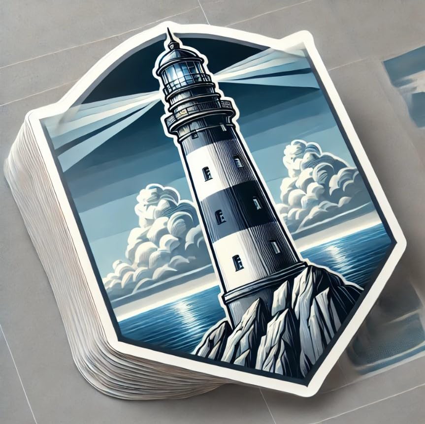 Vinyl sticker: Lighthouse Sticker for Laptop, Wall, Car, Window, and Bumper - Sleek Modern Decal for Truck, Auto, Water Bottle - Contemporary Gray and Blue Design with Bright Beams (6)