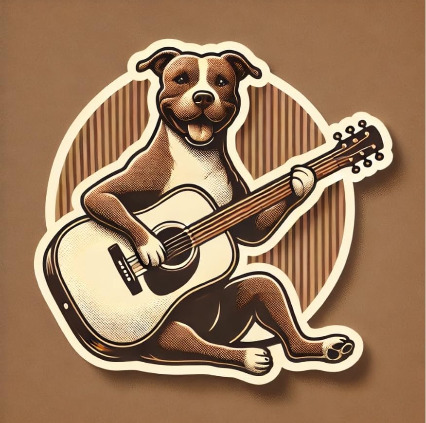 Vinyl sticker: Retro Pitbull Playing Acoustic Guitar Sticker - Vintage, Sepia Design for Laptop, Wall, Car, Window, Bumper, Waterproof Decal for Auto and Water Bottle (4)