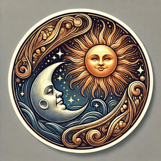 Vinyl sticker: Sun and Moon Intertwined Cosmic Sticker for Laptop, Wall, Car, Window, Bumper Decal – Elegant Celestial Design for Truck, Waterproof and Auto Use, Ideal for Water Bottles and More