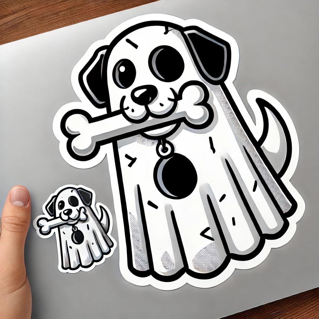 Vinyl sticker: Spooky Ghost Dog with Bone Sticker for Laptop, Wall, Car, Window, Bumper, and Water Bottle - Waterproof Vinyl Decal for Truck and Auto
