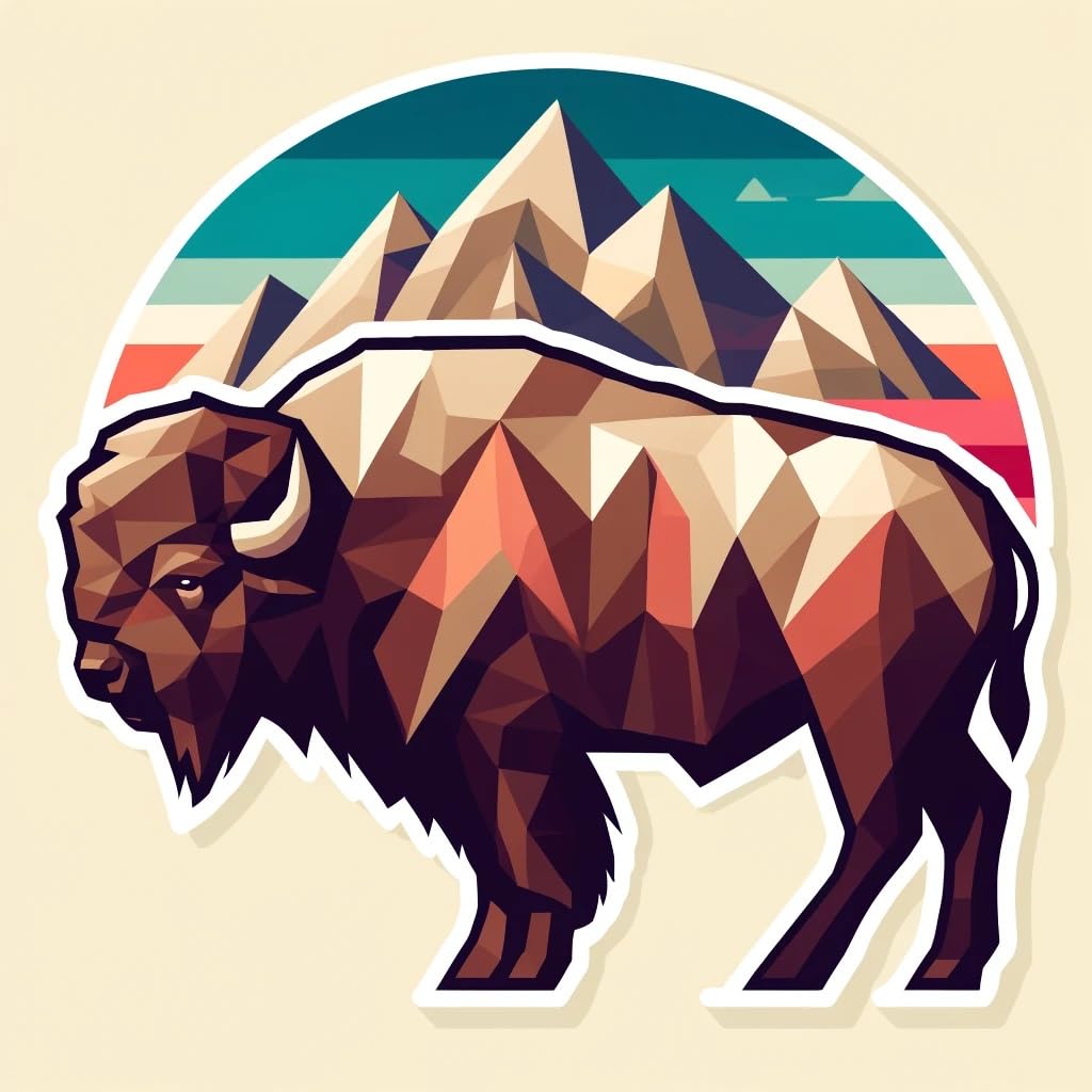 Vinyl sticker: Abstract Bison Wall Laptop Car Window Waterproof Sticker – Stylized Buffalo with Geometric Wyoming Mountain Design and State Flag Accents for Auto Bumper Truck Bottle Decal (4)