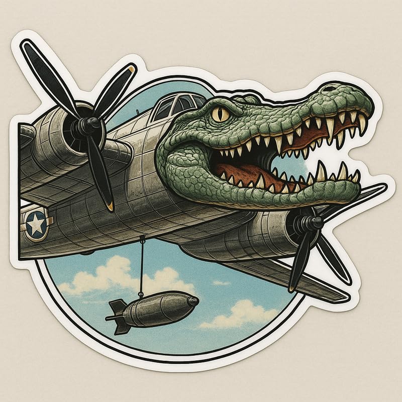 Vinyl sticker: Waterproof Crocodile Bombardier Sticker for Laptop Wall Car Window Bumper Decal Truck Auto Water Bottle – Alligator Nose Art Military Aircraft Design 4 in