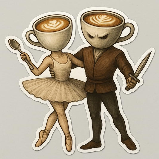 Vinyl sticker: Cappuccino Couple Sticker – Italian Brainrot Meme Vinyl Decal for Laptop, Car, Wall, Window, Water Bottle, Bumper, Auto – Ballerina Cappuccina & Cappuccino Assassino Duo – Surreal Art – Variation 7
