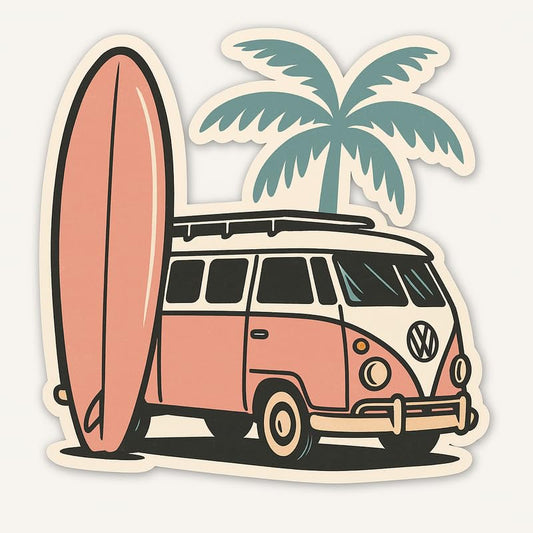 Vinyl sticker: Retro Coral VW Van Sticker – Mid-Century Surfboard Palm Tree Waterproof Decal for Laptop, Car, Window, Bumper, Auto, Truck, Water Bottle – Classic Camper Design – Variation 5