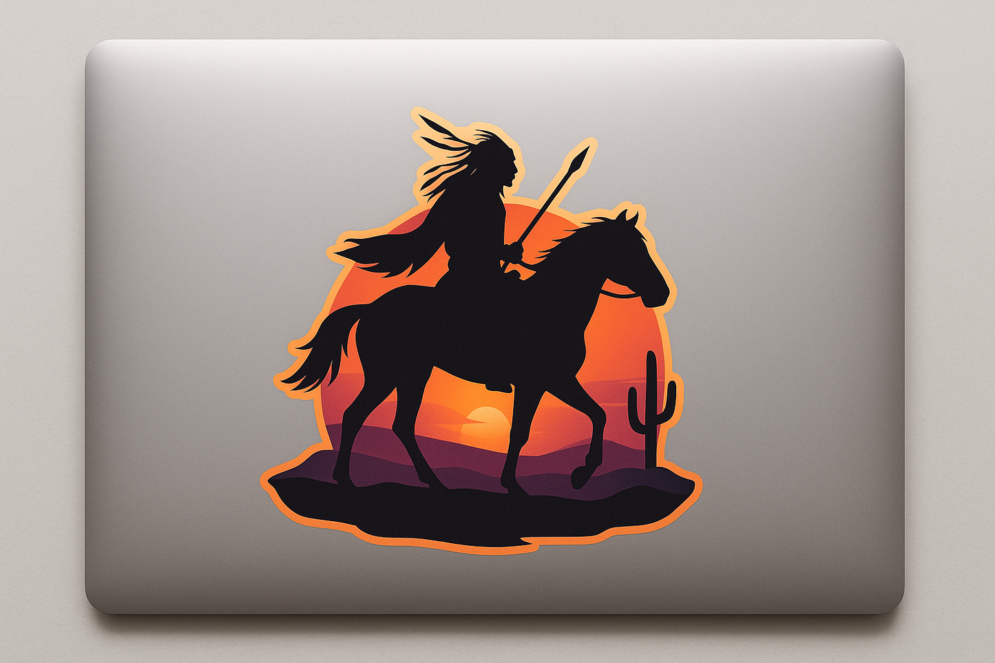 Native Warrior Silhouette Sticker Decal Vinyl Laptop Car Window Bumper AUTO Water Bottle Helmets Waterproof Sunset Desert