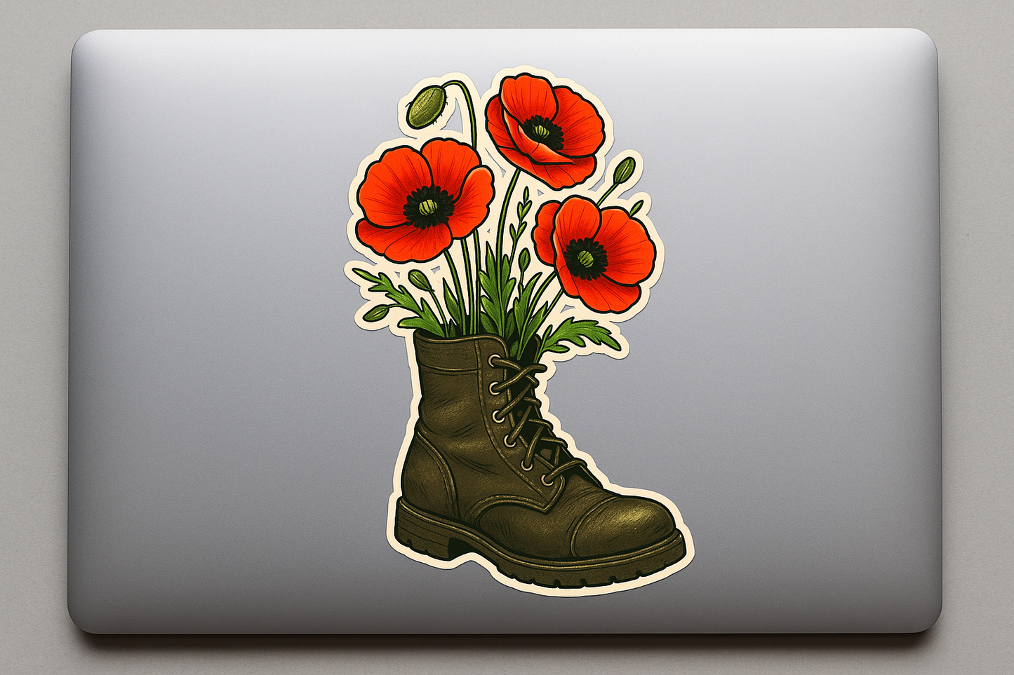 Poppy Blooming Combat Boots Sticker Decal Vinyl Laptop Car Window Bumper AUTO Water Bottle Helmets Waterproof