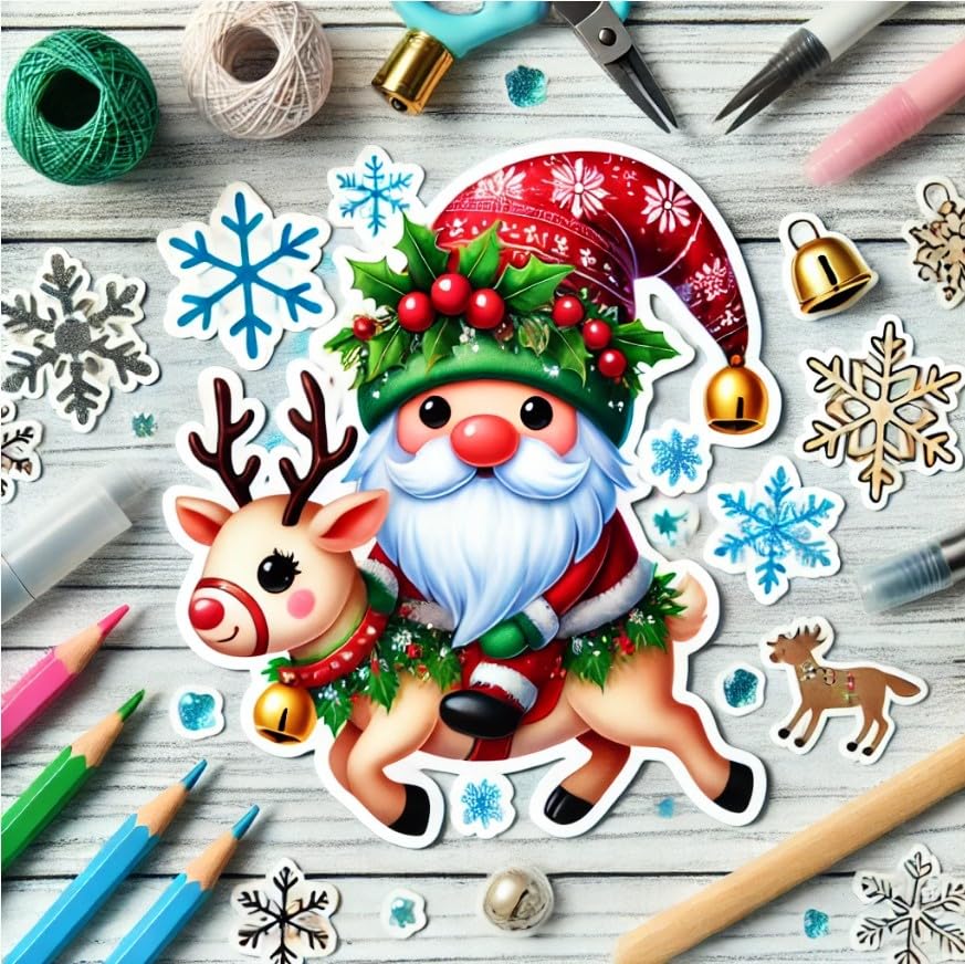 Vinyl sticker: Reindeer Riding Gnome Sticker for Laptop, Wall, Car, Window, Bumper, Waterproof Decal for Trucks, Water Bottles, and Festive Decor (4)