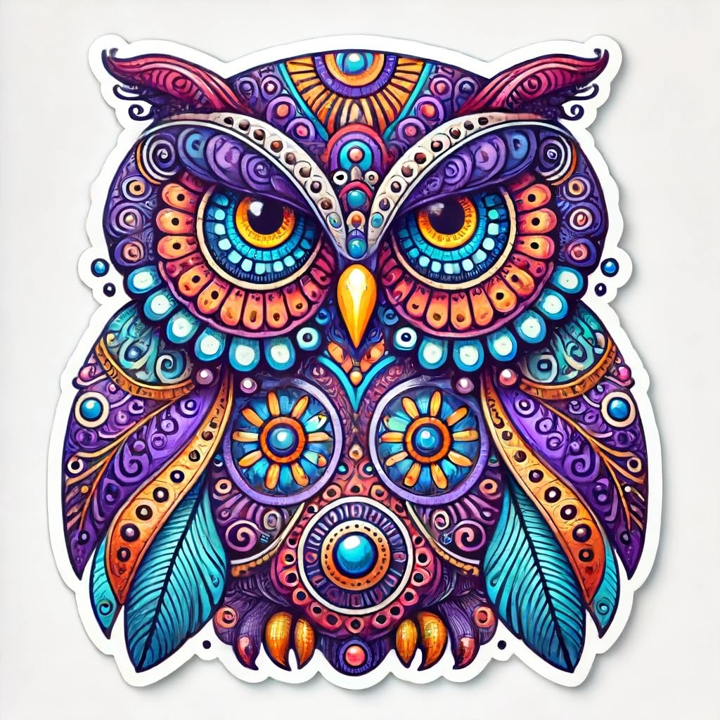 Vinyl sticker: Colorful Owl with Intricate Patterns Sticker Decal for Laptop, Wall, Car, Window, Bumper, Truck, Waterproof Auto, Water Bottle