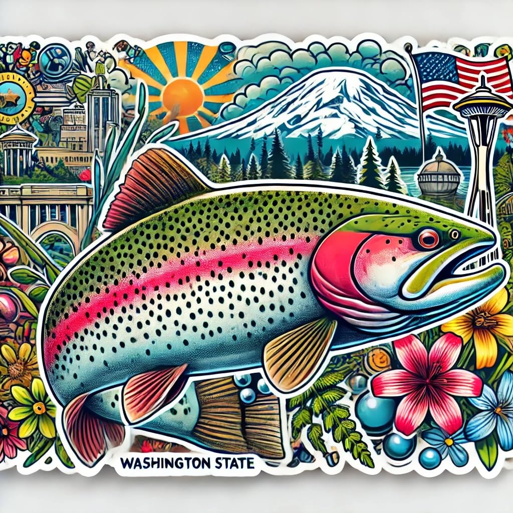 Vinyl sticker: Steelhead Trout Decal for Laptop, Wall, Car, Window, Bumper, Sticker with Washington State Collage, Waterproof Auto Truck Vinyl for Water Bottles (4)