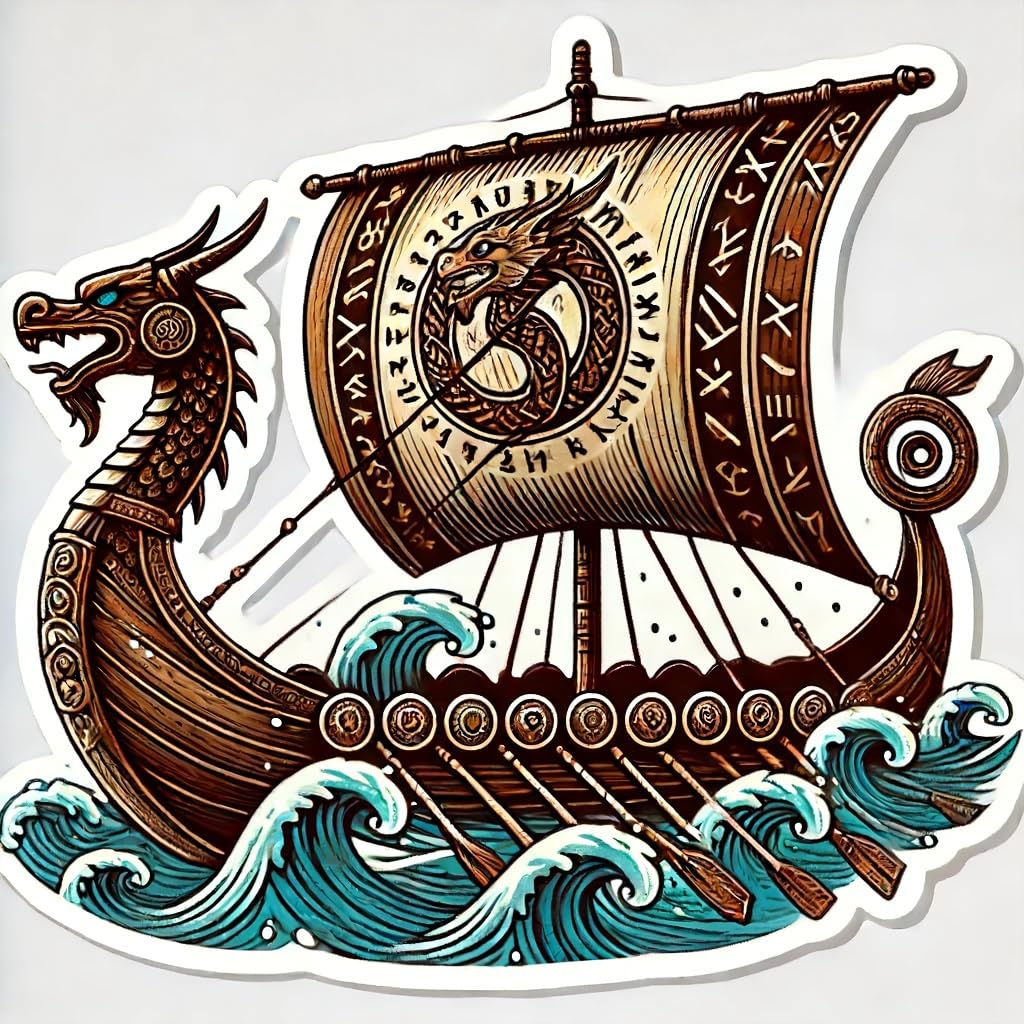 Vinyl sticker: Viking Longship with Dragon Head Prow Sticker Decal for Laptop, Wall, Car, Window, Bumper, Truck, Waterproof Auto, Water Bottle (8)